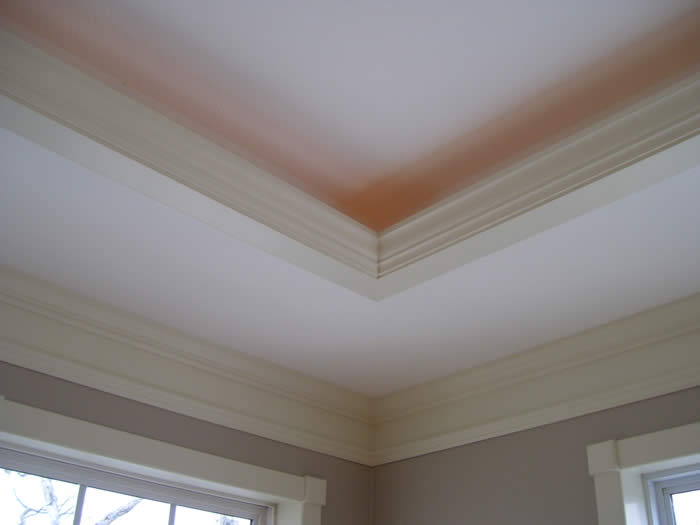 <p>double tier raised ceiling with crown moulding as indirect lighting cover</p>