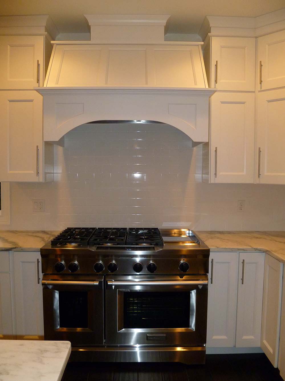 Commercial style range with decorative vent hood