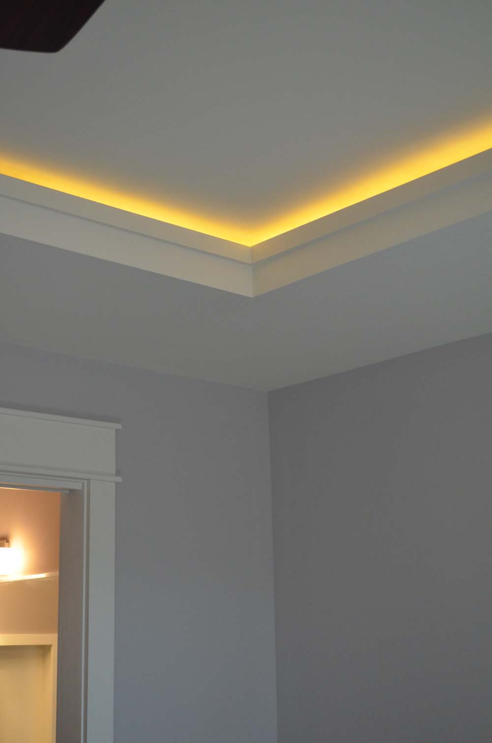 <p>Raised ceiling with crown and indirect lighting.</p>