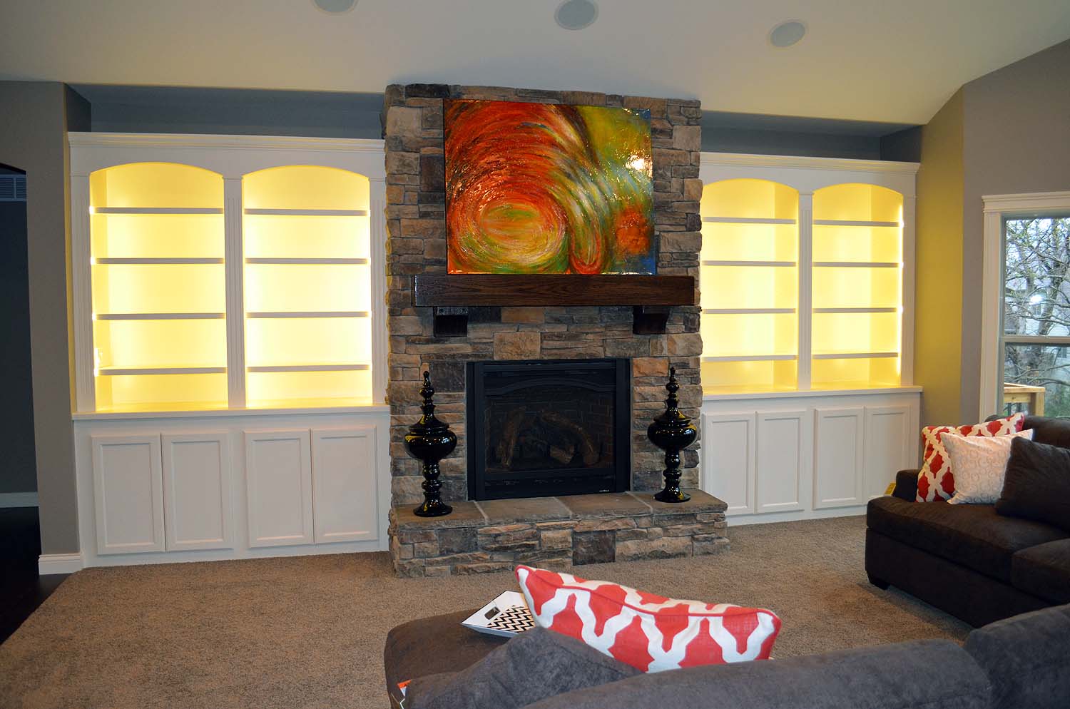 <p>painted wood fireplace flanker with LED lighting</p>